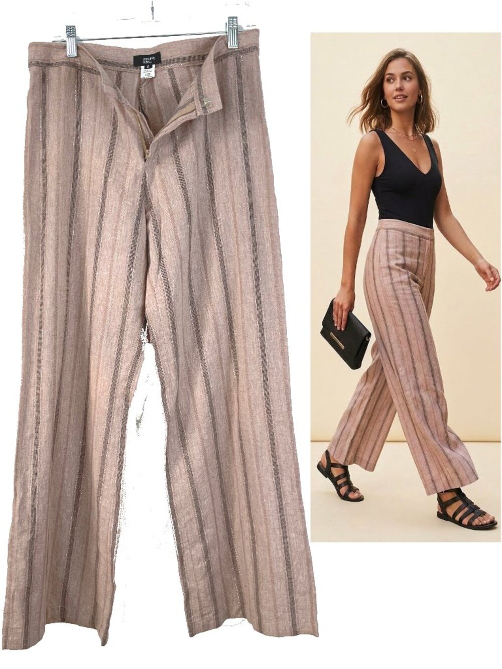 Philippe Adec Paris Striped Wide-leg Linen Blend Pants Sz 8